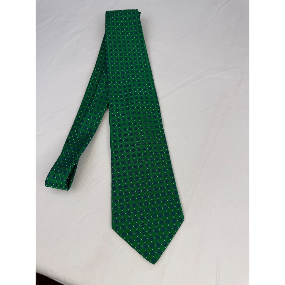 Paul Fredrick Mens Green Silk Tie Geometric Diamond Pattern Italian Silk US Made
